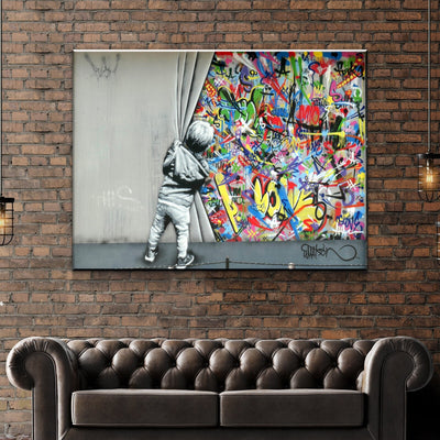 Banksy Behind the Curtain Graffiti Canvas Wall Art | AlphaWallArt